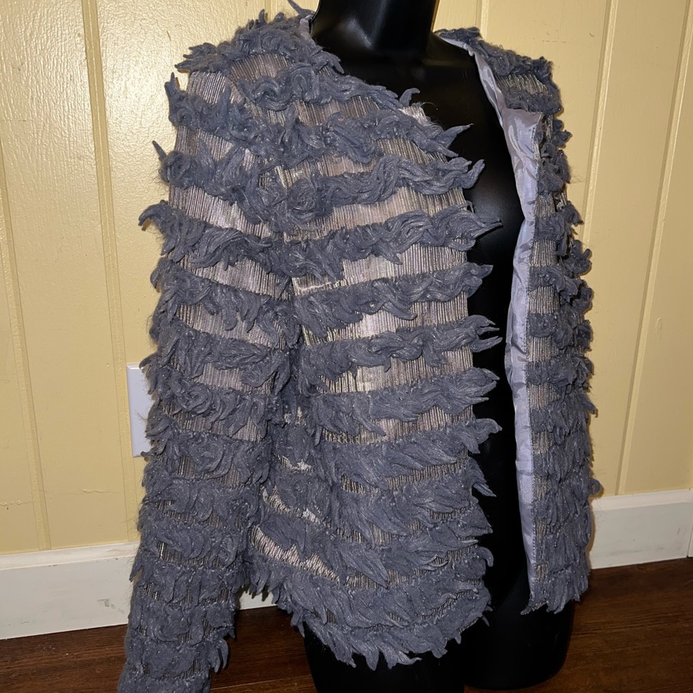 Gray Shaggy Boho Cozy Chic Long Sleeve Lined Open Front Sweater Jacket Size L - Picture 5 of 11